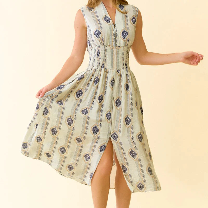 Doe & Rae Botanical Printed Smocked Waist Midi Dress - Ecru