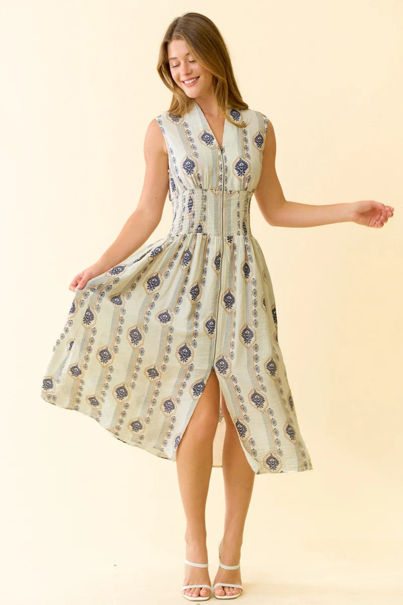 Doe & Rae Botanical Printed Smocked Waist Midi Dress - Ecru