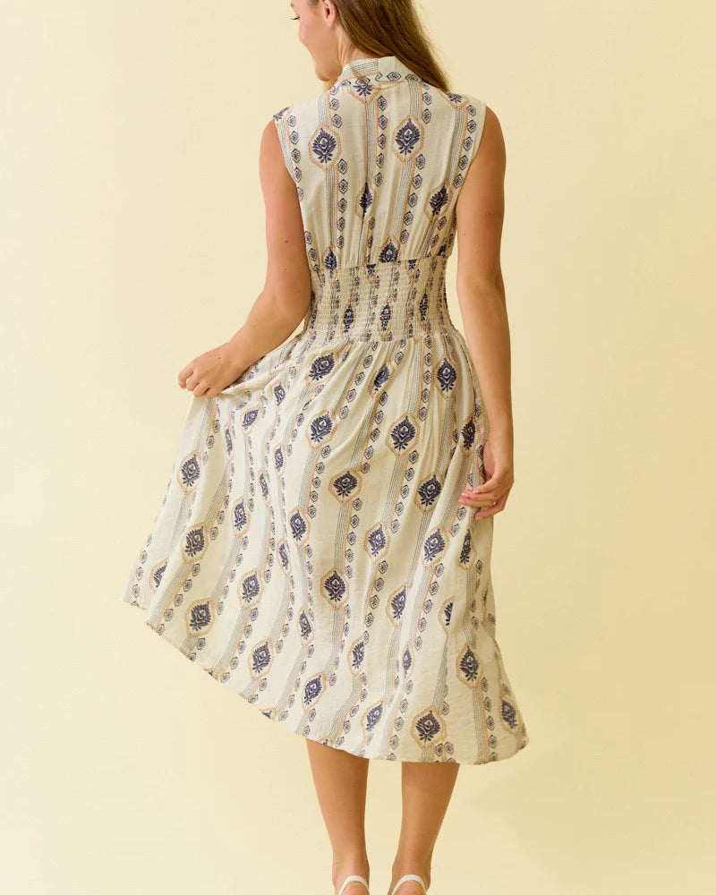 Doe & Rae Botanical Printed Smocked Waist Midi Dress - Ecru