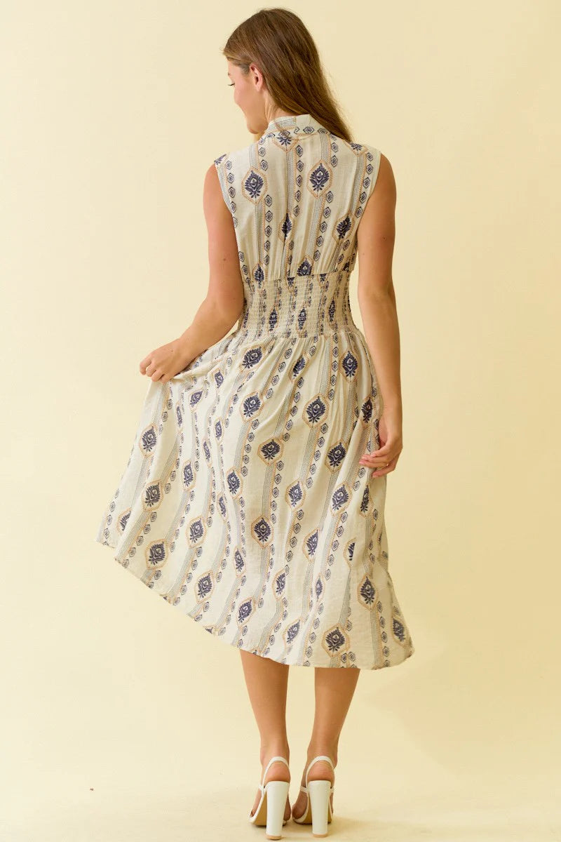 Doe & Rae Botanical Printed Smocked Waist Midi Dress - Ecru
