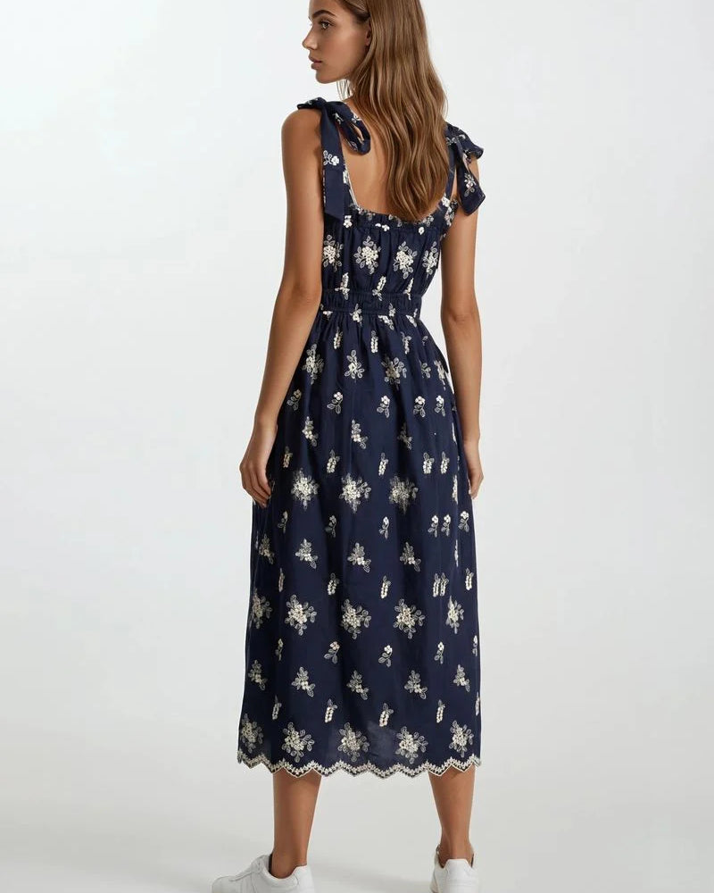 Doe & Rae Elena Embroidered Scallop Eyelet Tie-Shoulder Smocked Midi Dress