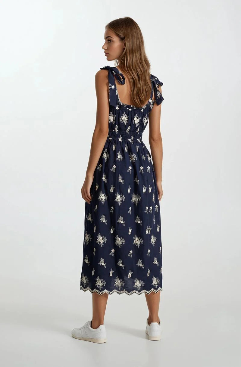 Doe & Rae Elena Embroidered Scallop Eyelet Tie-Shoulder Smocked Midi Dress
