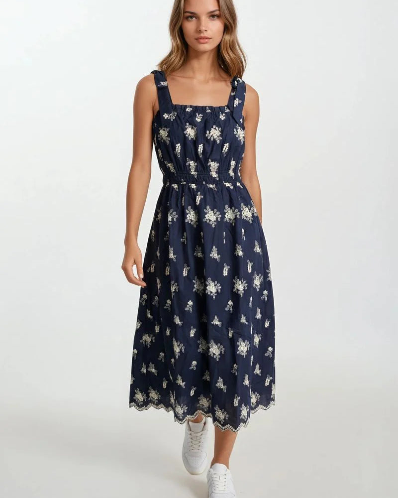 Doe & Rae Elena Embroidered Scallop Eyelet Tie-Shoulder Smocked Midi Dress