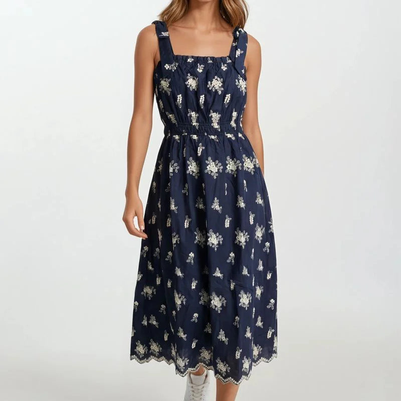Doe & Rae Elena Embroidered Scallop Eyelet Tie-Shoulder Smocked Midi Dress
