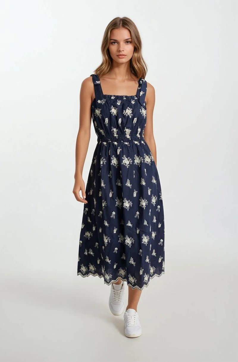 Doe & Rae Elena Embroidered Scallop Eyelet Tie-Shoulder Smocked Midi Dress