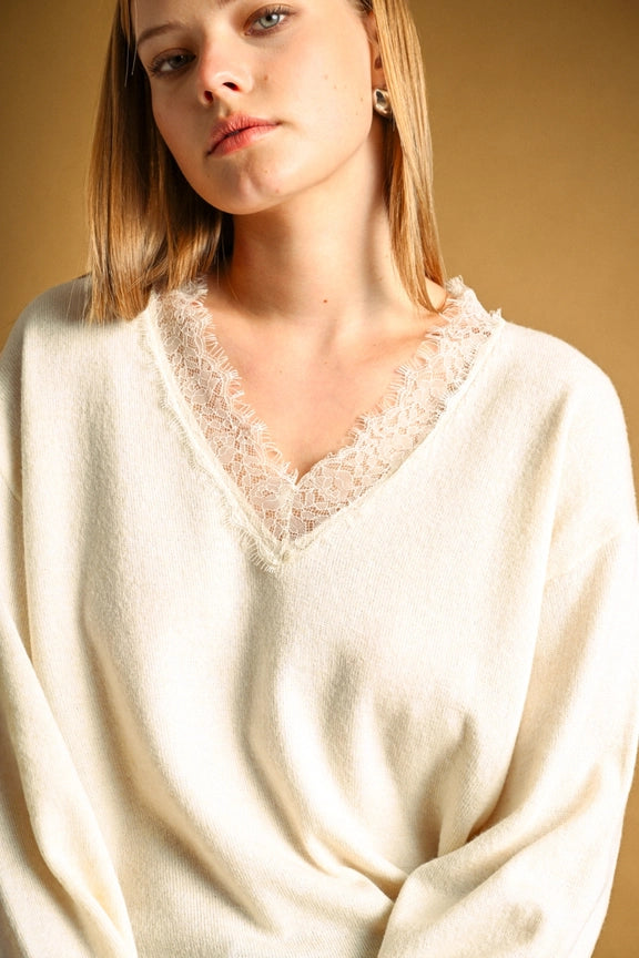 Eyelash Lace Trim Oversized V-Neck Knit Pullover