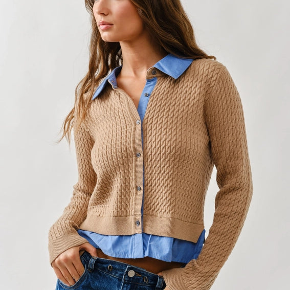 Cable Knit Mixed Media Cardigan