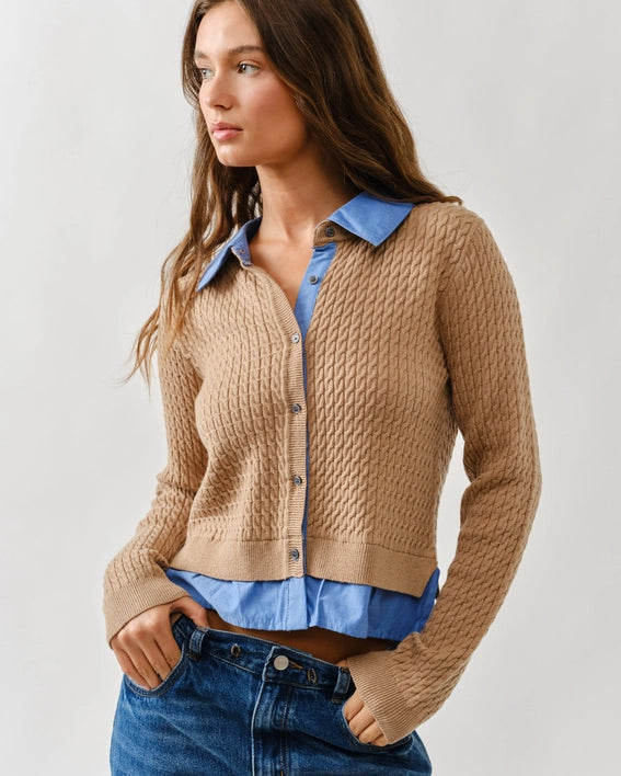 Cable Knit Mixed Media Cardigan