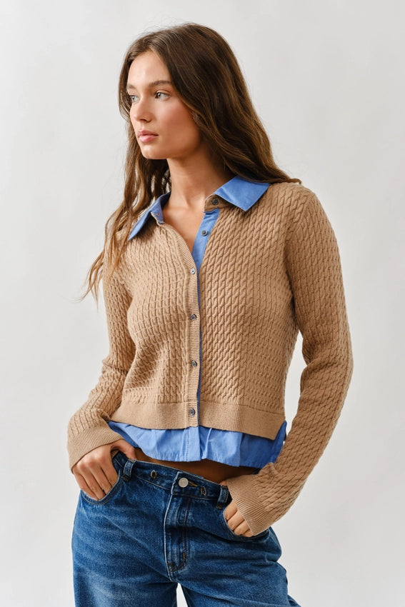 Cable Knit Mixed Media Cardigan