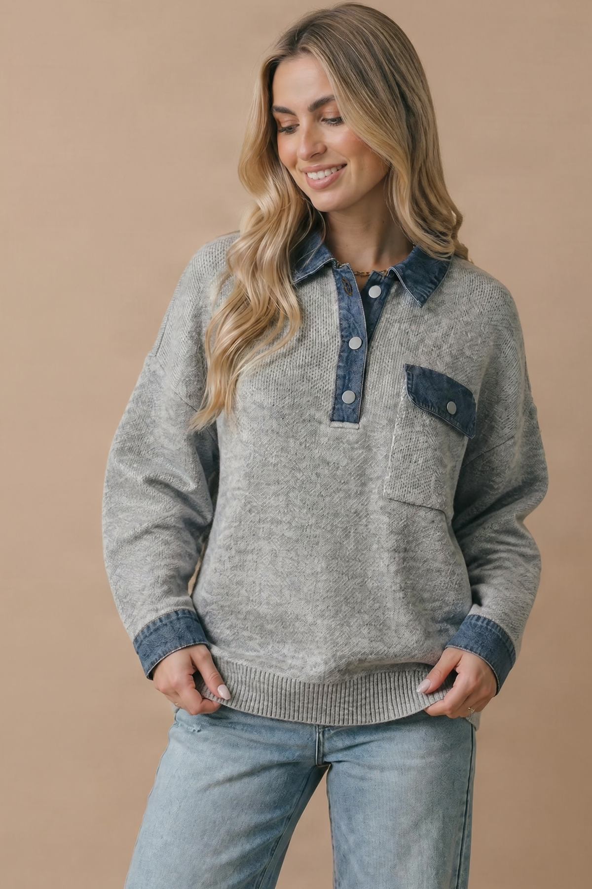 Contrast Denim Collar Textured Knit Oversized Pullover
