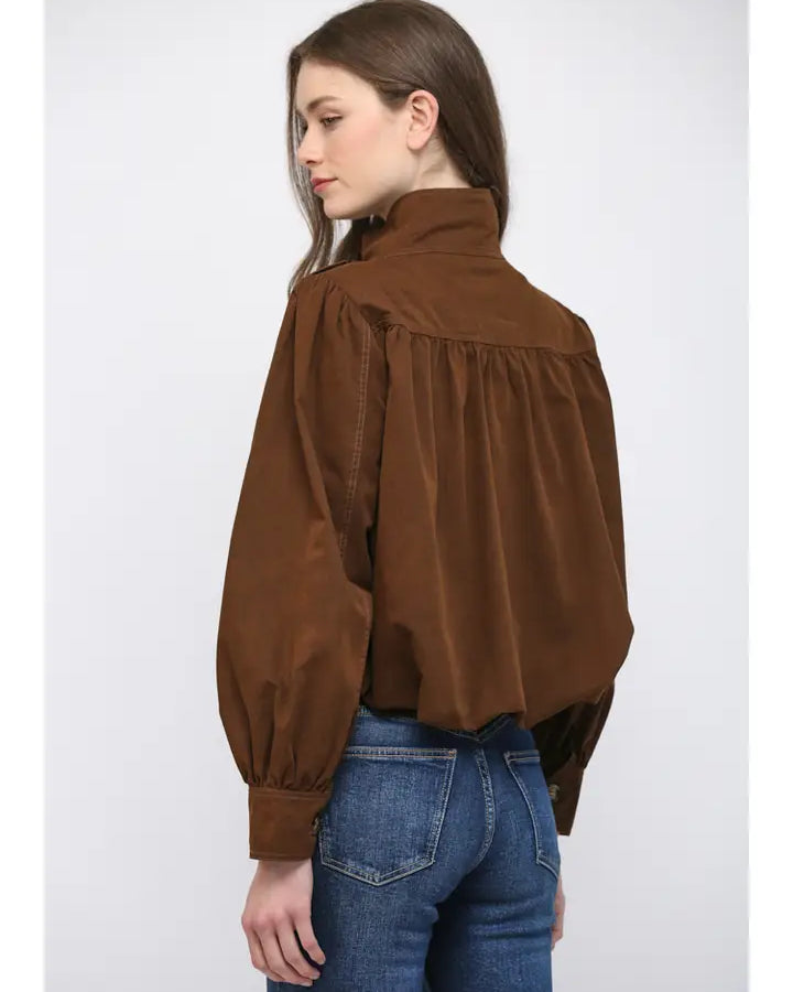High Stand Collar Gathered Hem Bomber Jacket