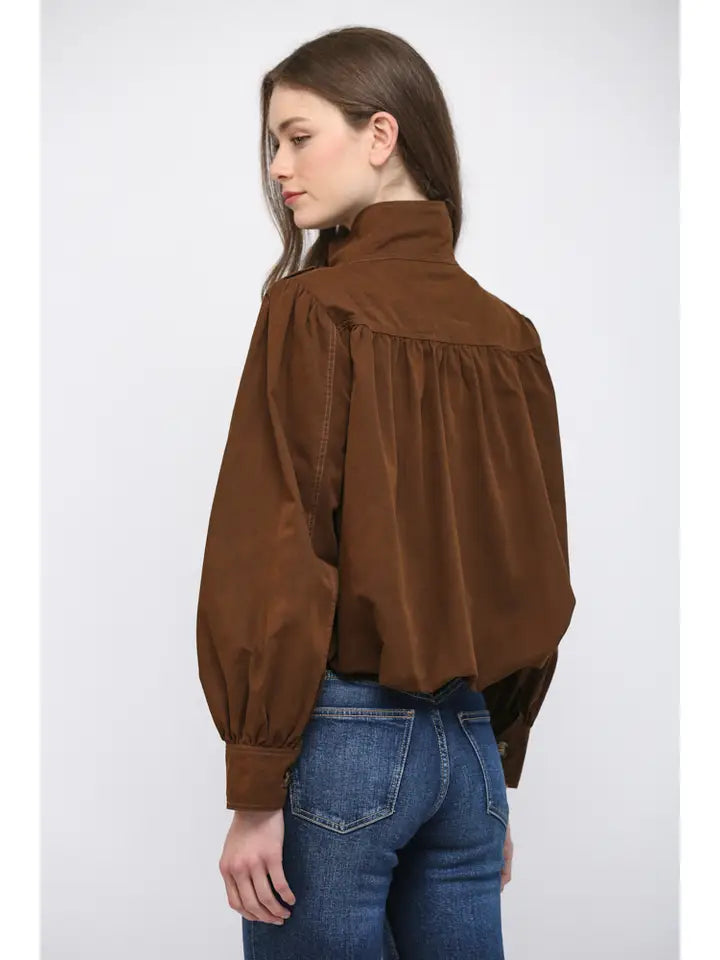 High Stand Collar Gathered Hem Bomber Jacket