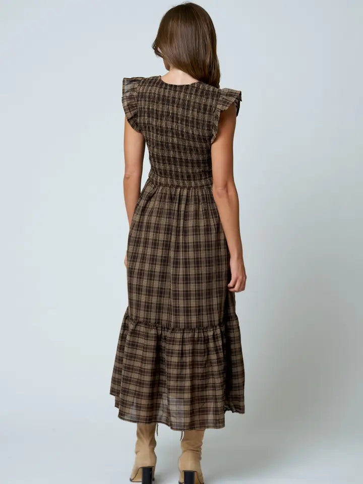 Plaid Smocked V Neck Button Down Ruffled Midi Dres