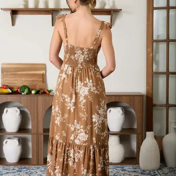 Floral Front Tie Ruffle Detail Corset Midi Dress