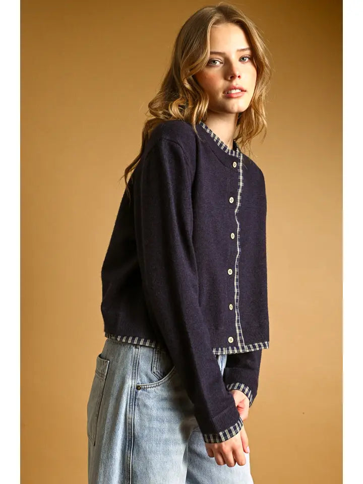 Miou Muse Plaid Contrast Navy Crew Neck Cardigan