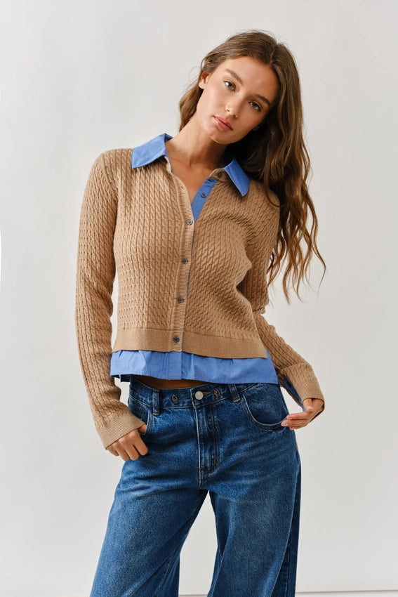 Cable Knit Mixed Media Cardigan