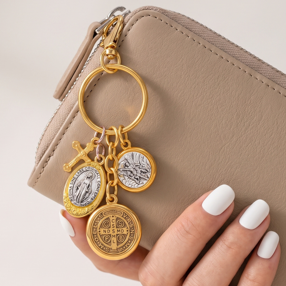 Saint Benedict & Miraculous Medal Cluster Keychain
