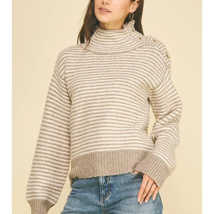 Pinch Striped Button-Shoulder Mock Neck Knit Sweater