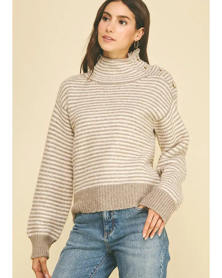 Pinch Striped Button-Shoulder Mock Neck Knit Sweater