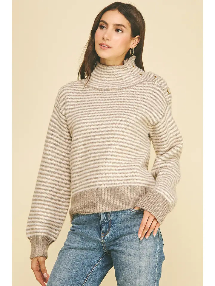 Pinch Striped Button-Shoulder Mock Neck Knit Sweater