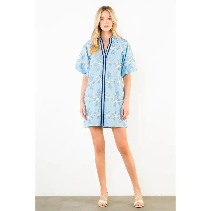Embroidered Cotton Puff Sleeve Mini Dress with Ruffle Collar