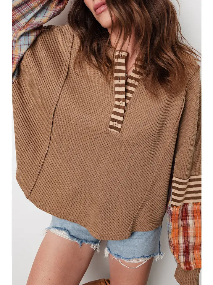 Ldc Plaid Patchwork Henley Knit Top