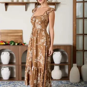 Floral Front Tie Ruffle Detail Corset Midi Dress