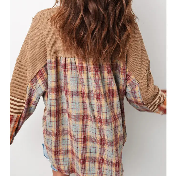 Ldc Plaid Patchwork Henley Knit Top