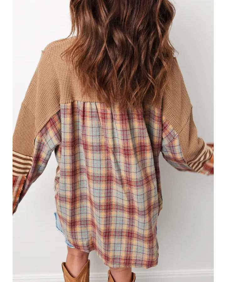Ldc Plaid Patchwork Henley Knit Top