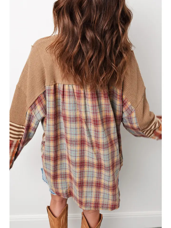 Ldc Plaid Patchwork Henley Knit Top