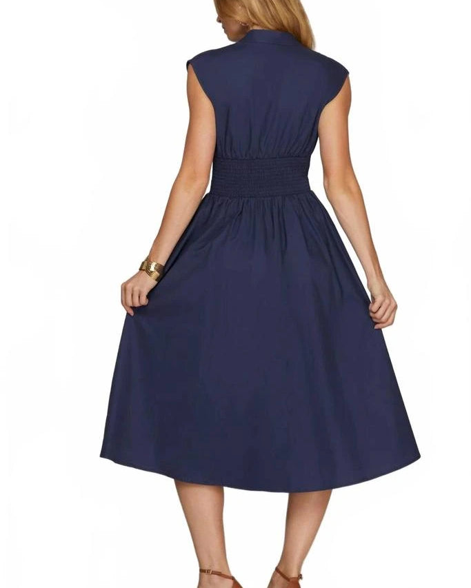 Solid Zip Up Front Midi Dress - Navy