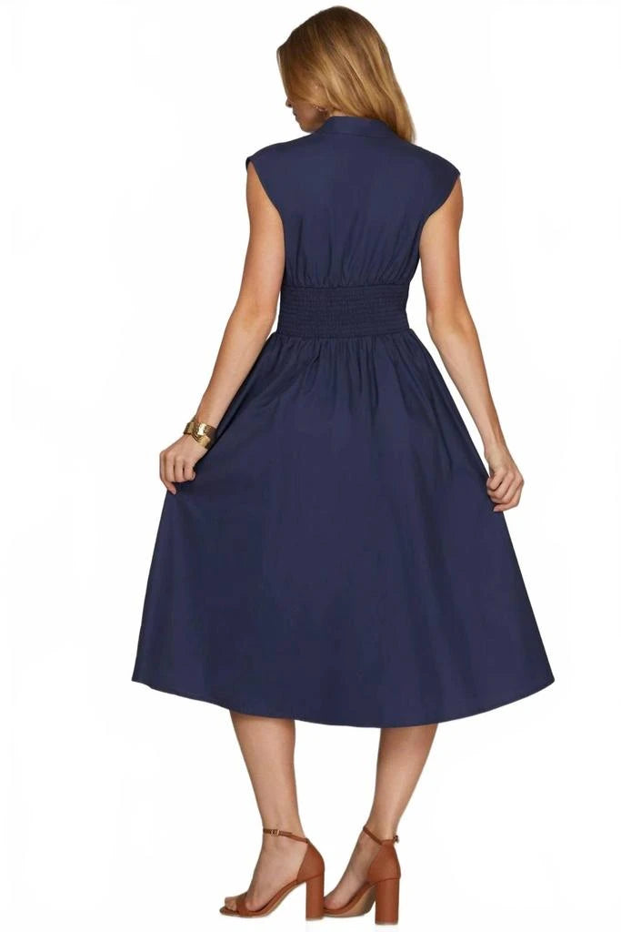 Solid Zip Up Front Midi Dress - Navy