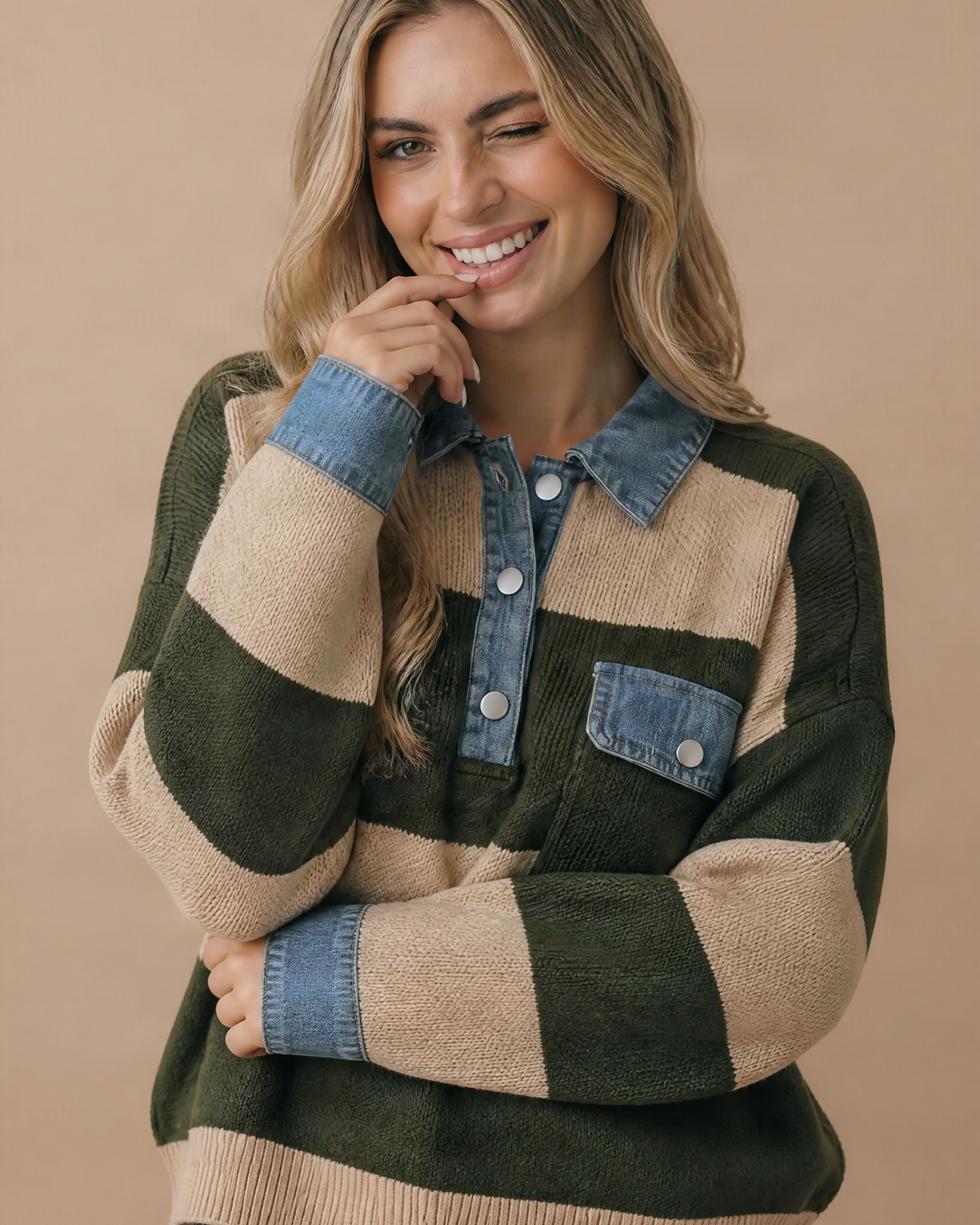 Stripe & Denim Contrast Oversized Knit Polo Sweater