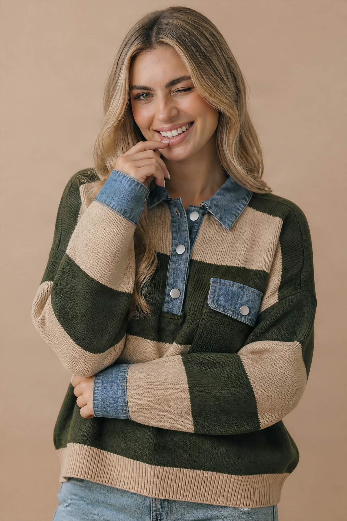 Stripe & Denim Contrast Oversized Knit Polo Sweater