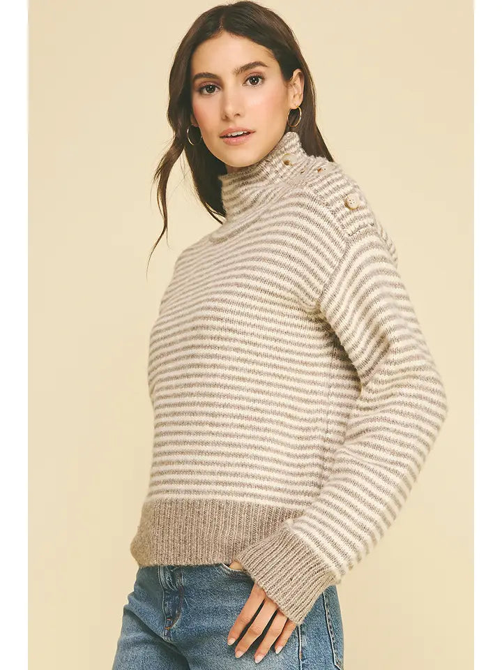 Pinch Striped Button-Shoulder Mock Neck Knit Sweater