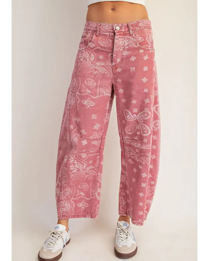 Mineral Washed Paisley Printed Barrel Jeans