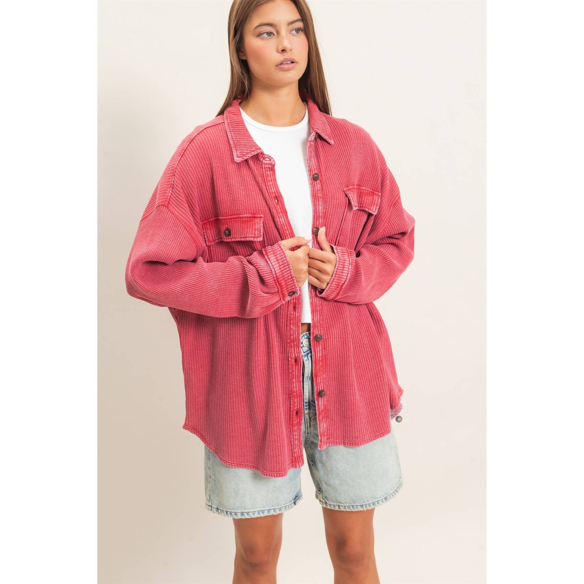 Mineral Wash Waffle Knit Button-Up Shacket