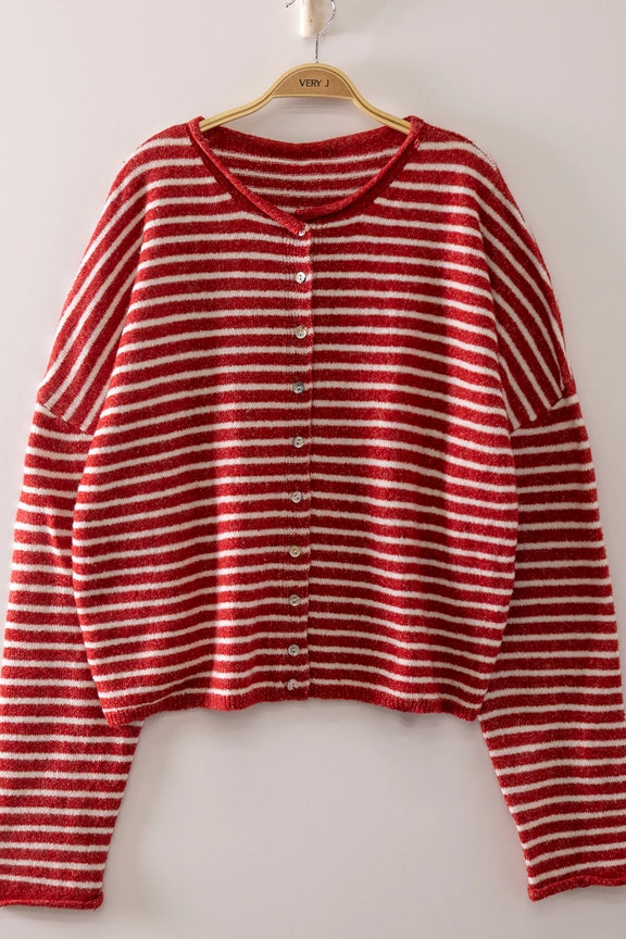 Very J Cozy Striped Cropped Cardigan