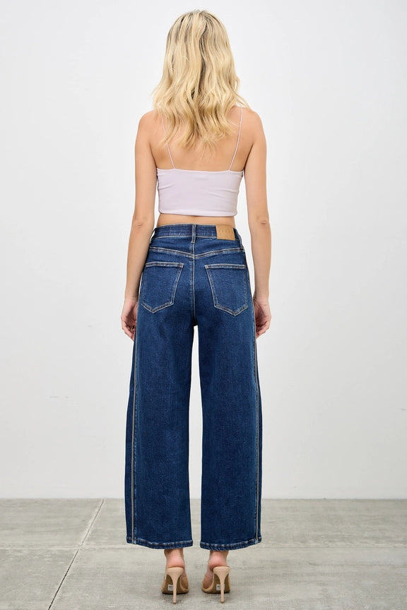 High-Rise Sculpted Barrel Jeans with Contrast Side Piping