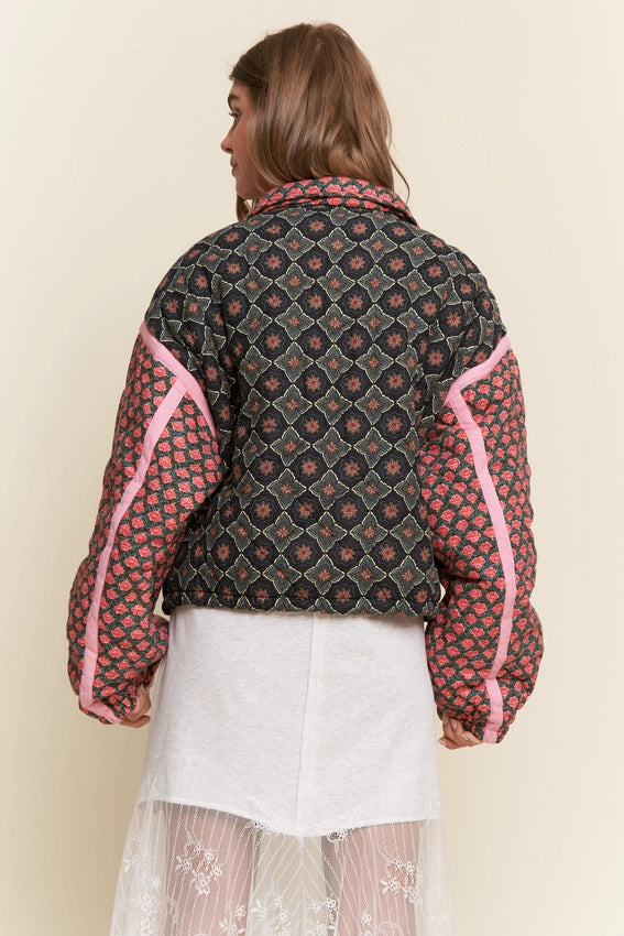 Rose Pattern Pink Taped Padded Jacket
