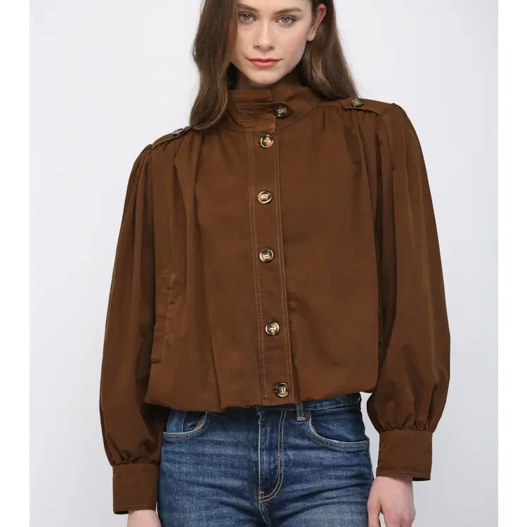 High Stand Collar Gathered Hem Bomber Jacket