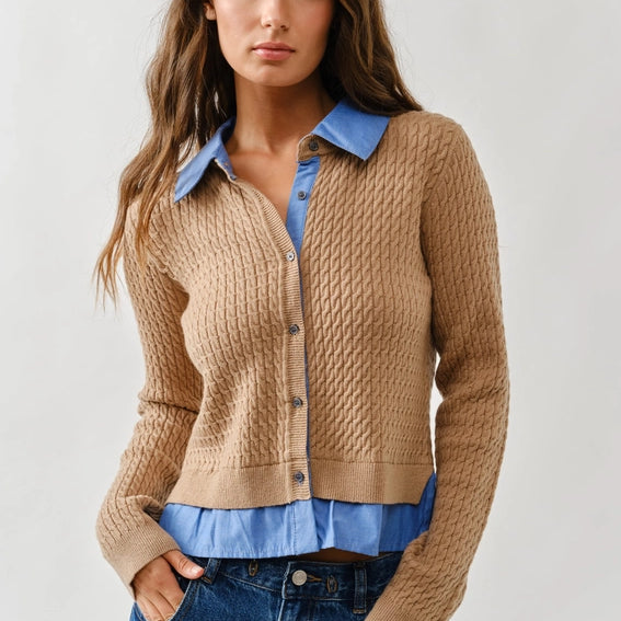 Cable Knit Mixed Media Cardigan