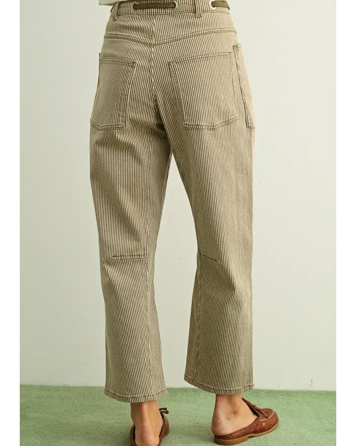 Striped Pattern Washed Barrel Pants with Belt