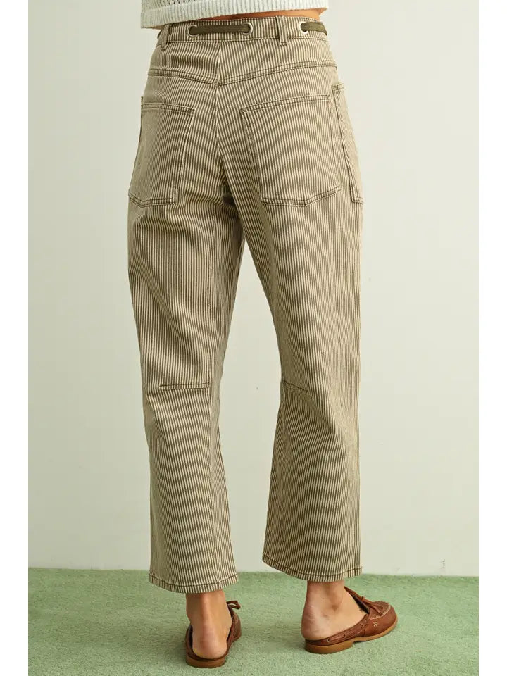 Striped Pattern Washed Barrel Pants with Belt