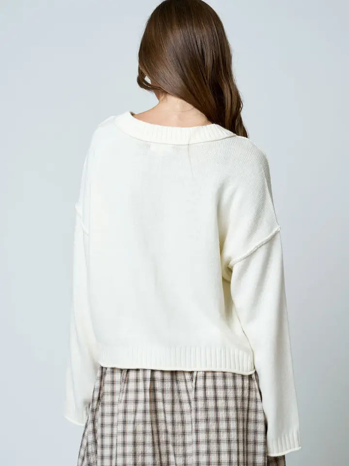 Raw Edge Exposed Seam Button Down Knit Cardigan