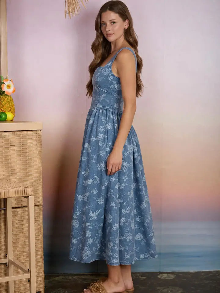 Floral Jacquard Corset Denim Midi Dress