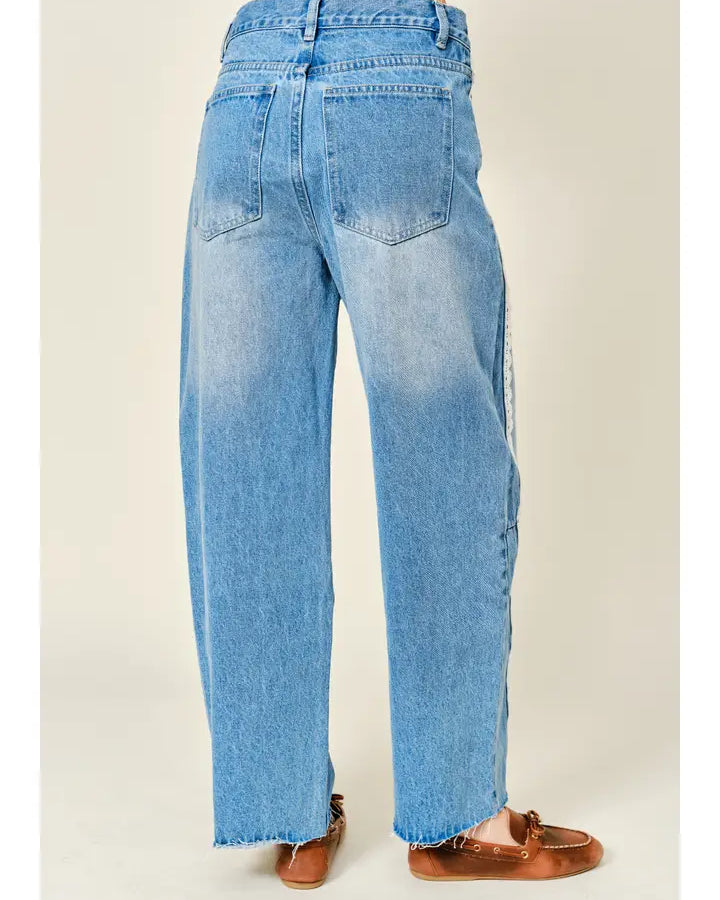Lace Side Line Detail Barrel Denim Pants