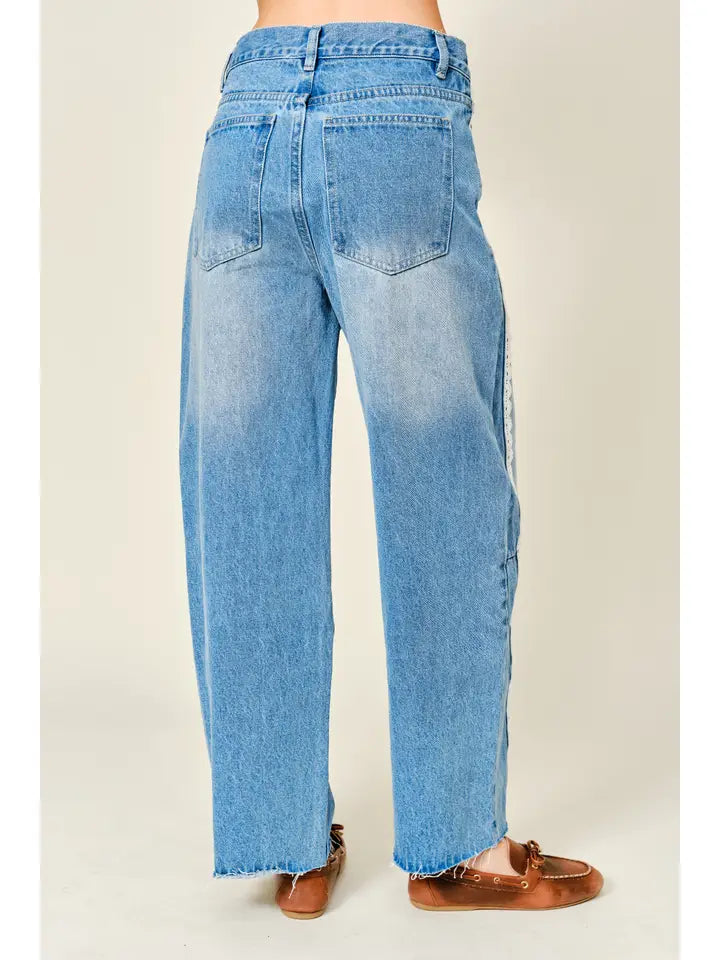 Lace Side Line Detail Barrel Denim Pants