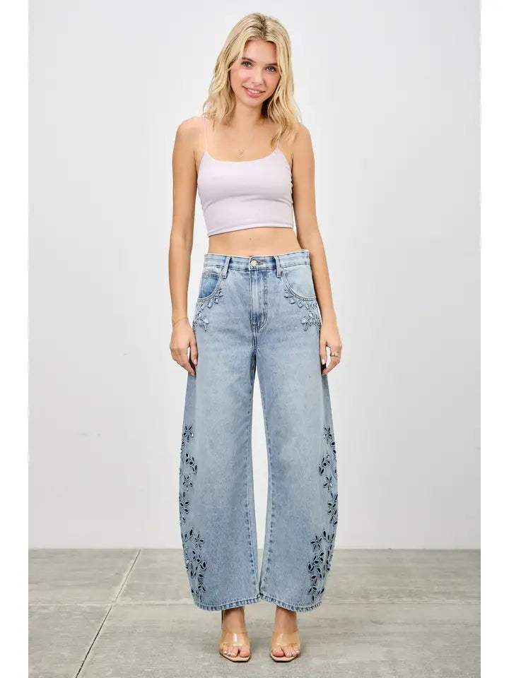 Embroidered High-Rise Barrel Jeans