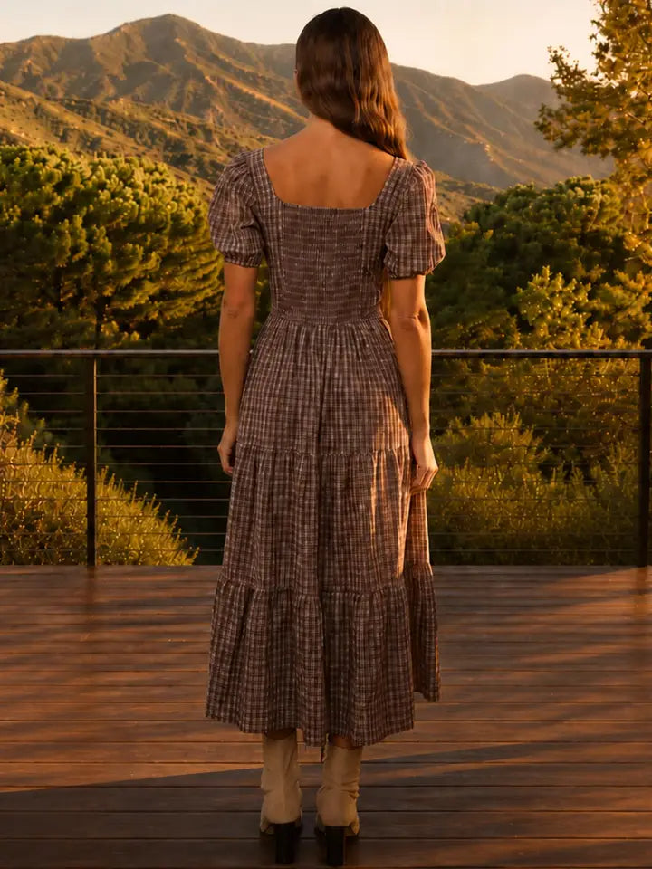 Plaid Puff Sleeve Corset Detail Tiered Midi Dress